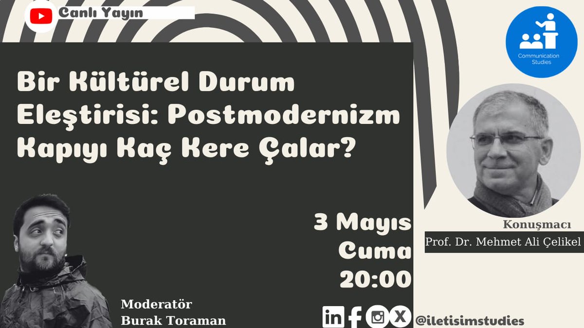 3 Mayıs 2024 Cuma akşamı, sevgili Burak Toraman'ın İletişim Çalışmaları kanalına konuk oluyorum. Bu bağlantıdan canlı yayın ve sonrasında kaydı izlenebilir: youtube.com/live/0UnYXbC2d…