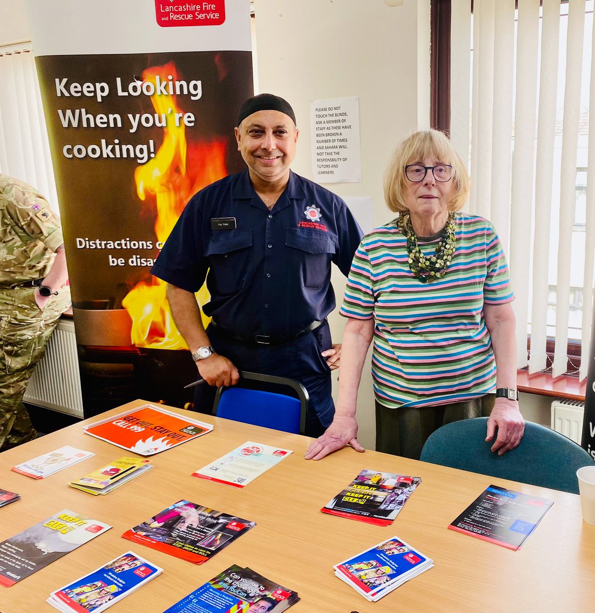 Exciting reunion at @saharainpreston! Ran into our ex colleague Glenys while promoting #firesafety and careers within @LancashireFRS. Join us and other agencies for a sizzling event! @Preston_Fire