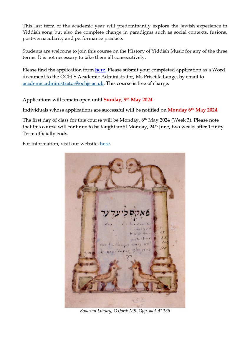 #ApplyNow
Apply today to our Yiddish Music course: From Resistance to New Voices: Yiddish Music from Wartime to the 21st Century.

*The deadline is 5 May 2024*

See here for details: ochjs.ac.uk/trinity-term-j…

#yiddish #yiddishmusic #jewishstudies #jewishmusic #oxford #osrjl #ochjs