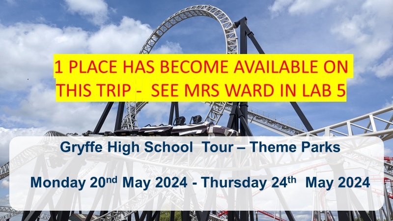 S1-S3 Activities Week - a place has become unavailable for Theme Parks. See Mrs Ward in Lab 5 if you would like to go.