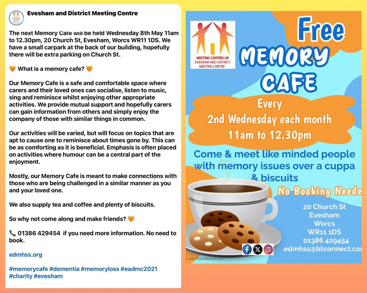 eadmc20's tweet photo. The next Memory Cafe will be held Wednesday 8th May 11am to 12.30pm, 20 Church St, Evesham,WR11 1DS.We have a small carpark at the back of our building, hopefully there will be extra parking on Church St.

🧡 So why not come along and make friends? 🧡

@MeetingCentres @EveshamDAA https://t.co/xmSzgVwnKE