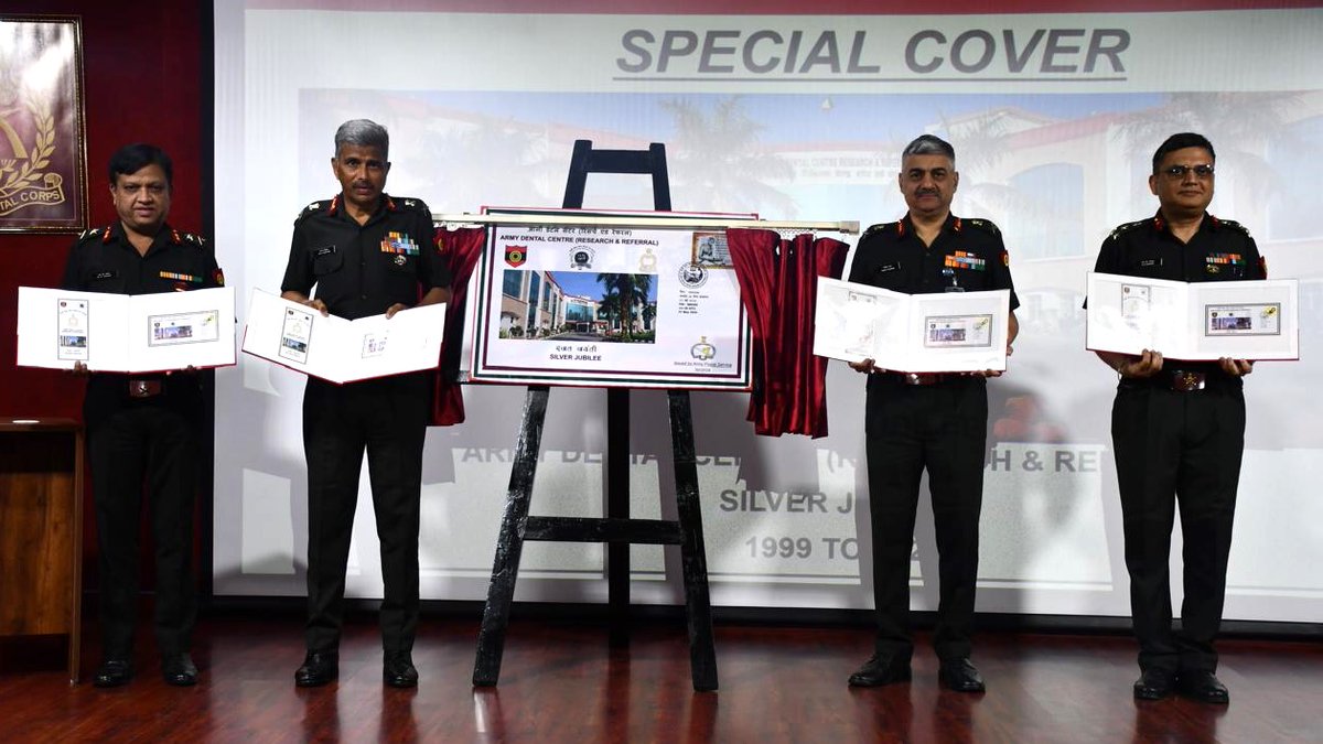 adgpi's tweet image. On the occasion of “Silver Jubilee” celebration of Army Dental Centre Research &amp;amp; Referral (ADC R&amp;amp;R), #Delhi, Lt Gen MK Katiyar, Army Commander #WesternCommand unveiled a Special Cover by Army Postal Service &amp;amp; complimented all ranks for providing state-of-the-art Oral health care…