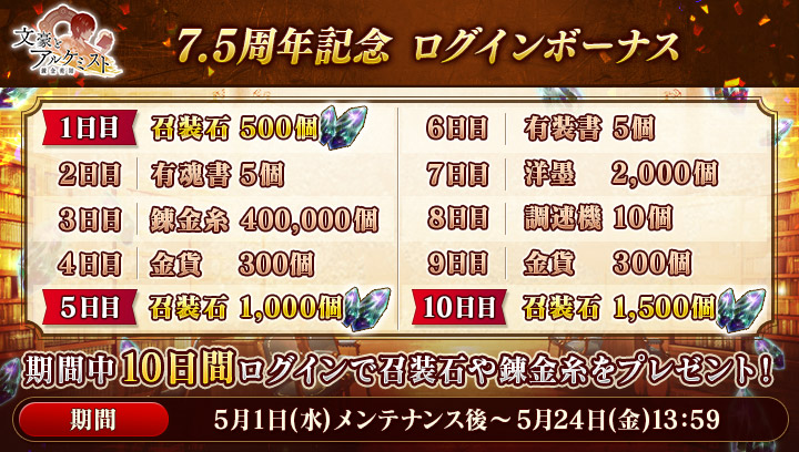 【7.5周年記念ログインキャンペーン開催のお知らせ】 7.5周年記念ログインキャンペーンを開催いたします。 期間中ログインで、合計「召装石3000個」や 「錬金糸」など豪華アイテムをプレゼントいたします！ #文アル