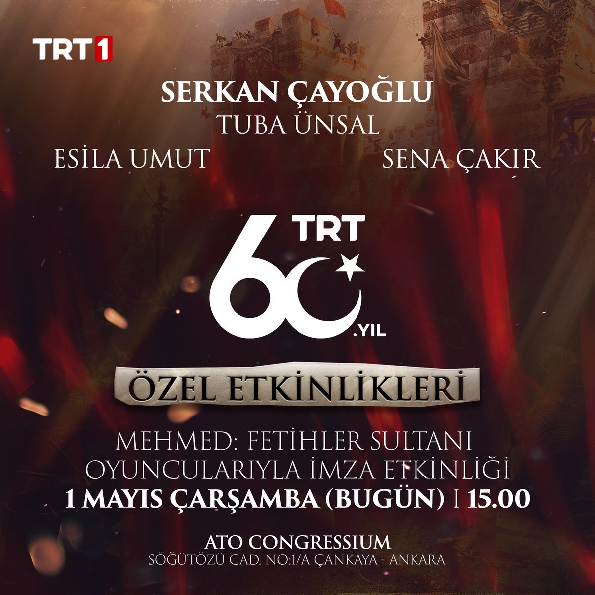 TRT 60. yıl etkinliklerinde #MehmedFetihlerSultanı efsanevi oyuncularıyla tarihi bir buluşmaya hazır mısınız?🔥

Bugün saat 15.00’te imza etkinliğimize tüm sevenlerimizi bekliyoruz!⚔️

@trt1