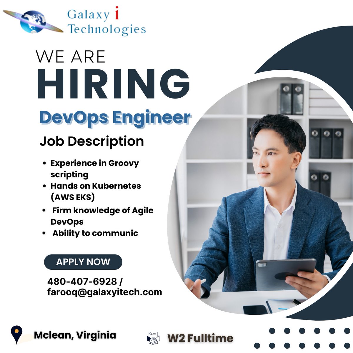 galaxyitech123's tweet image. Galaxy I Technologies is looking for  DevOps Engineer, Mclean, Virginia,W2 Fulltime

For more details reach out at farooq@galaxyitech.com or call 480-407-6928
.
Website: lnkd.in/gmqBQ7cS

#devopstrainingonline #devopstraining #devopstools #devopsengineer #devopsmaster #