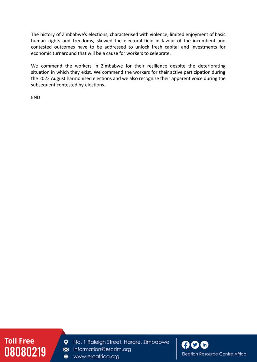 Workers Day Statement Address Fiscal Measures and Democratic Reforms To Improve The Plight of Workers As the ERC, we stand in solidarity with fellow workers in Zimbabwe and around the world to commemorate Workers' Day!