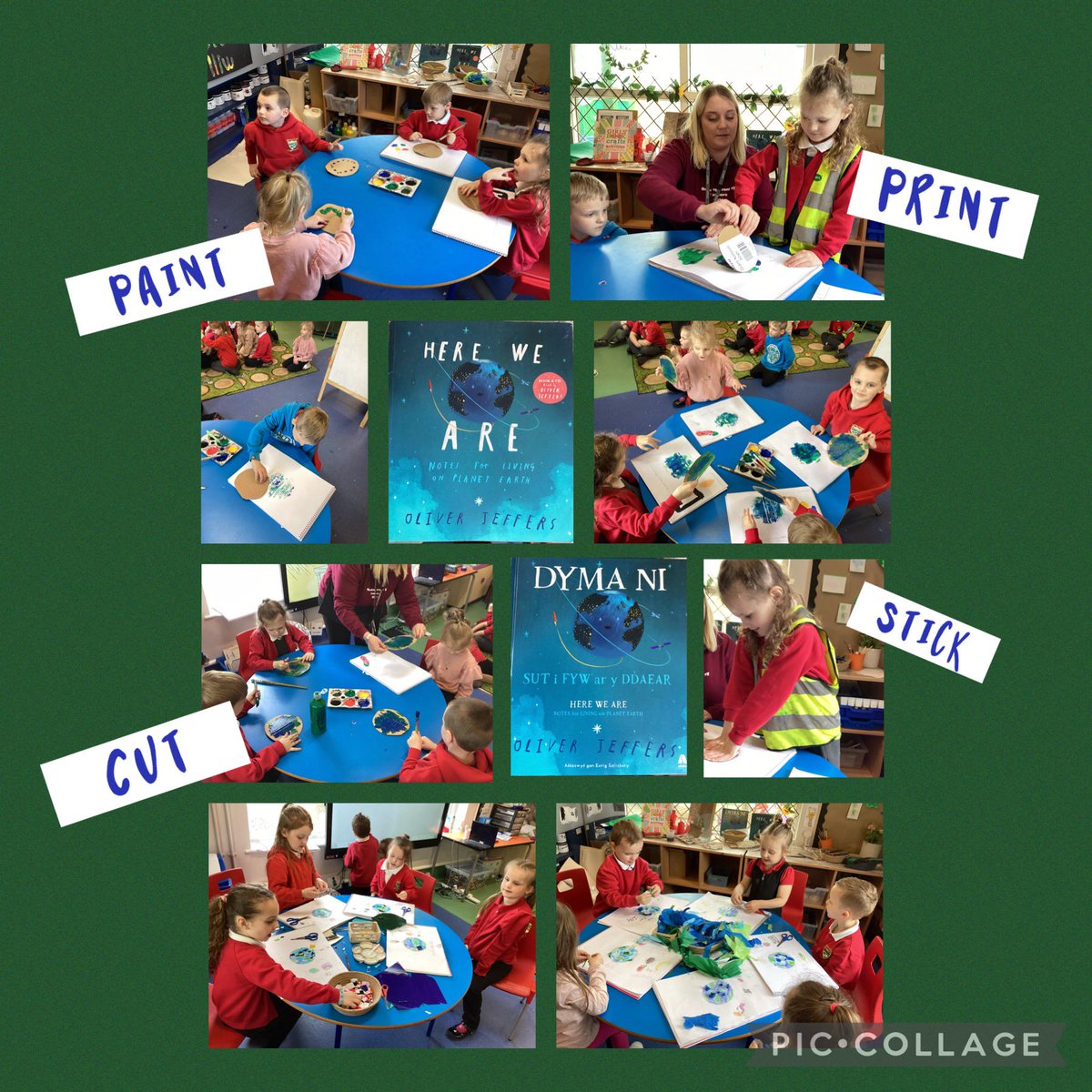 Gwaith Gwych. #ExpressiveArts Yesterday we got crafty in class 1 using different art skills to create our world for our new topic page. We are #Enterprisingandcreative 🌍 👍