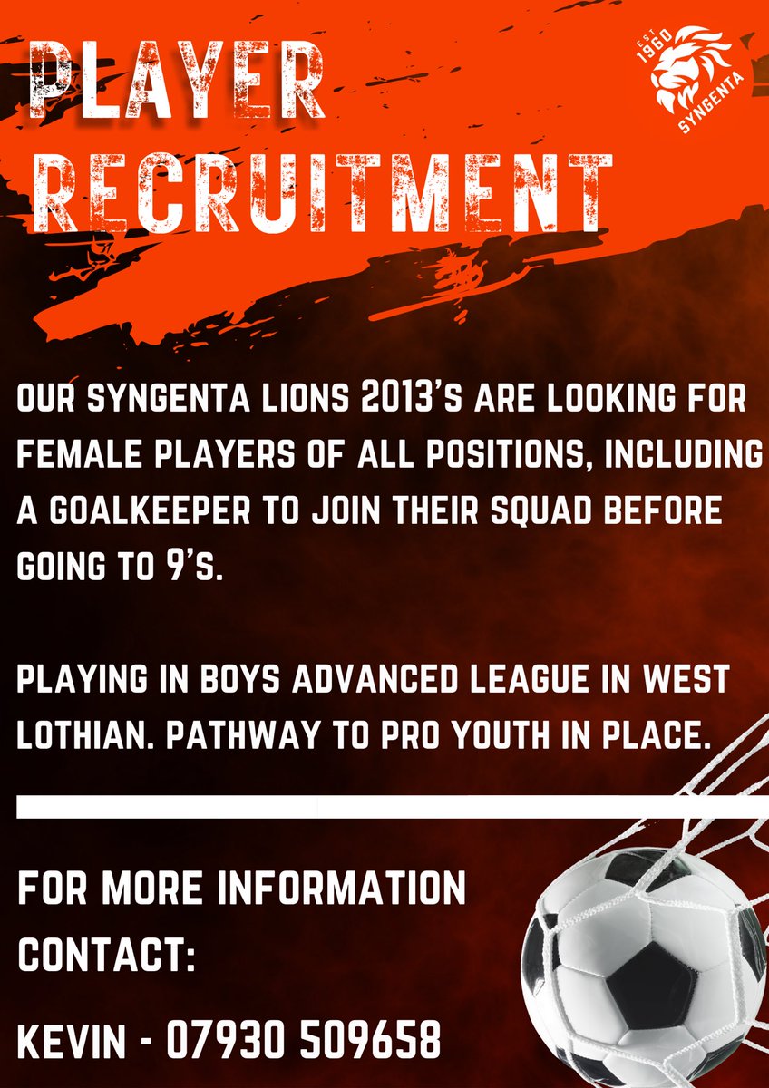 Our Syngenta Lions 2013s team are looking for female players of all positions

✅ Playing in boys advanced league in West Lothian
✅ Pathway to Pro Youth in place
✅ SFA &amp; UEFA Qualified Licensed  Coaching 
✅ Additional 1-2-1 Training Opportunities 

Details below…