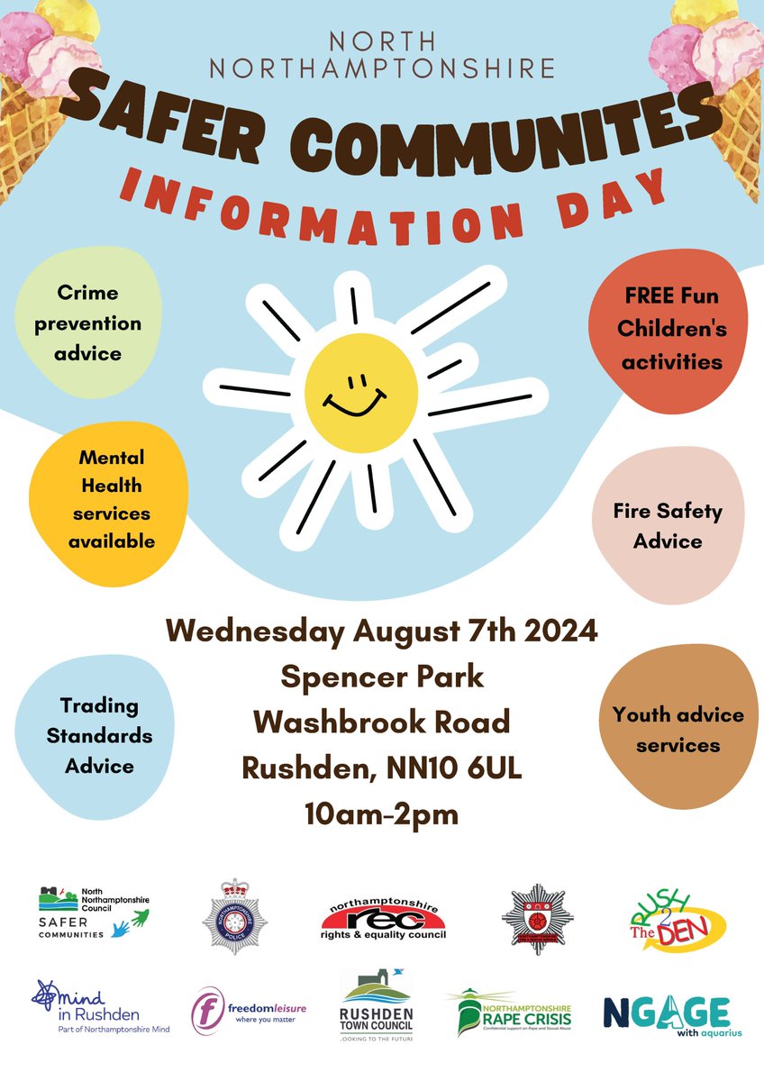 Save the Date.... Wednesday 7th August 2024. 10am - 2pm Spencer Park, Washbrook Road, Rushden Community Information Day with lots of free fun for the little ones too. @NNorthantsC