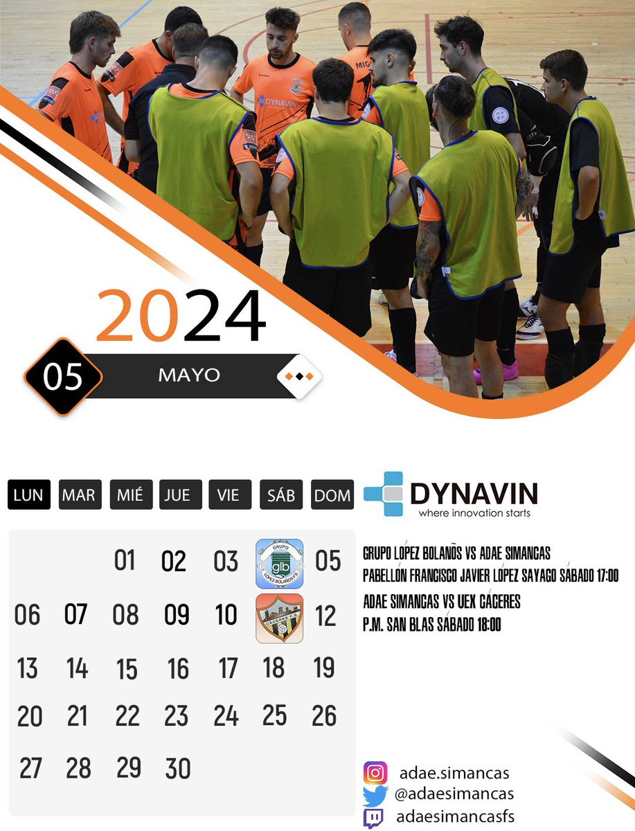 A.D.A.E.SIMANCAS (@adaesimancas) on Twitter photo 𝐂𝐀𝐋𝐄𝐍𝐃𝐀𝐑𝐈𝐎 𝐌𝐀𝐘𝐎:
Últimas 2 finales para conseguir la permanencia. 
🚌 Primera final, este sábado en Fuente del Maestre, Badajoz.
🏟️ Última jornada en casa frente a Cáceres, donde contaremos con el apoyo de todo San Blas.
#ElOrgulloDelBarrio 🧡 𝐂𝐀𝐋𝐄𝐍𝐃𝐀𝐑𝐈𝐎 𝐌𝐀𝐘𝐎:
Últimas 2 finales para conseguir la permanencia. 
🚌 Primera final, este sábado en Fuente del Maestre, Badajoz.
🏟️ Última jornada en casa frente a Cáceres, donde contaremos con el apoyo de todo San Blas.
#ElOrgulloDelBarrio 🧡