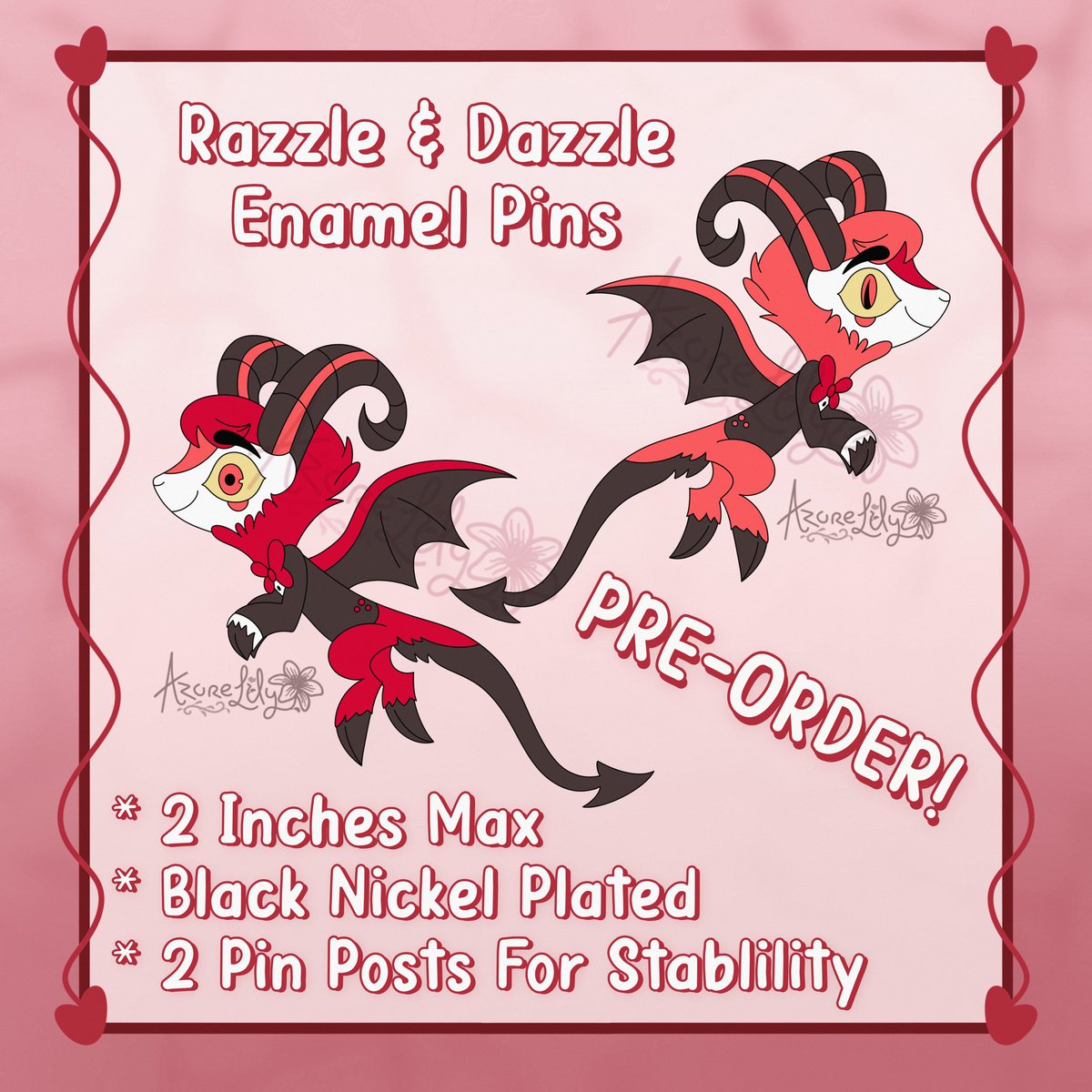 Pre-Orders for these pins will be up until May 31st. The sooner each design gets at least 25 orders the sooner they will be put into production. 😊 In the event that they aren’t fully funded all orders will be refunded. #HazbinHotel #HazbinHotelAlastor #RazzleDazzle