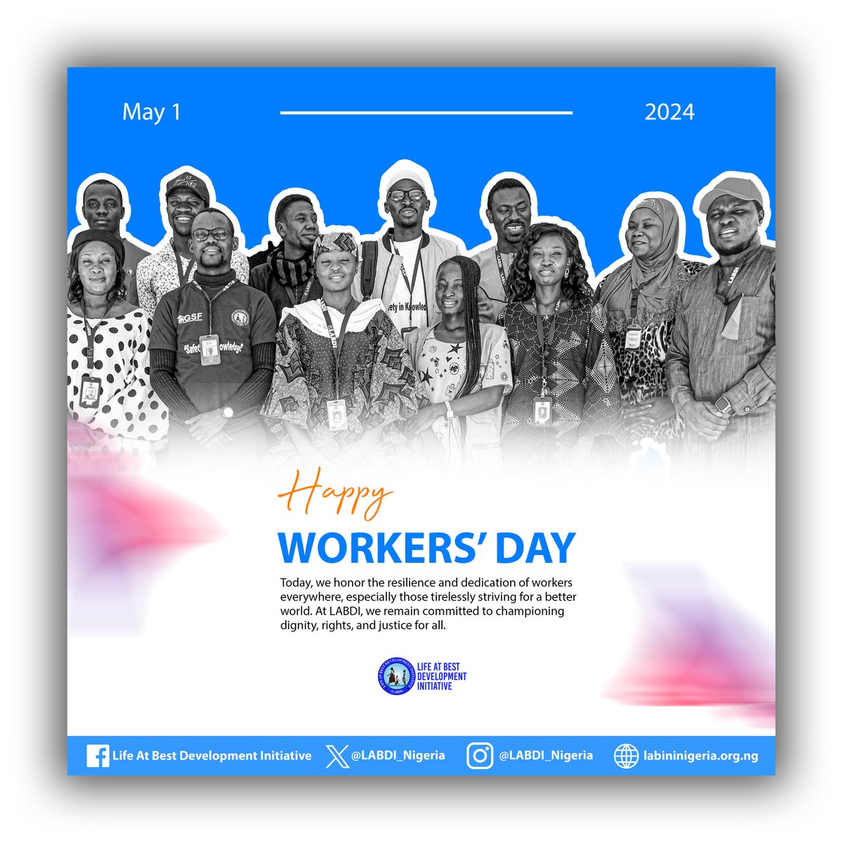 Labdi_Nigeria's tweet photo. Today, we honor the resilience and dedication of workers everywhere, especially those tirelessly striving for a better world. At @Labdi_Nigeria, we remain committed to championing dignity, rights, and justice for all.
#WorkersDay #workersday2024 #Workers #aidworker https://t.co/dP7KK1ZEpe