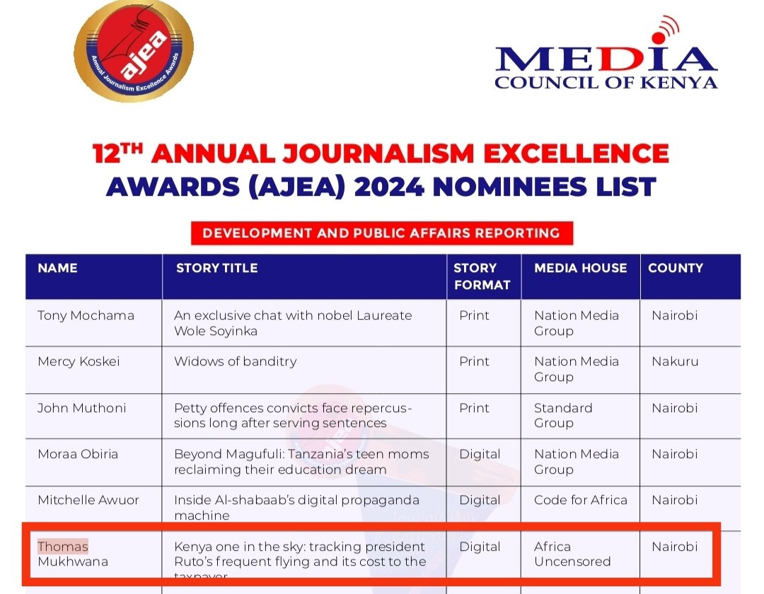 Grateful because my article for @AfUncensored 'Kenya One in the Sky' was nominated for #AJEA2024 under the Public Affairs reporting category ✍🏾