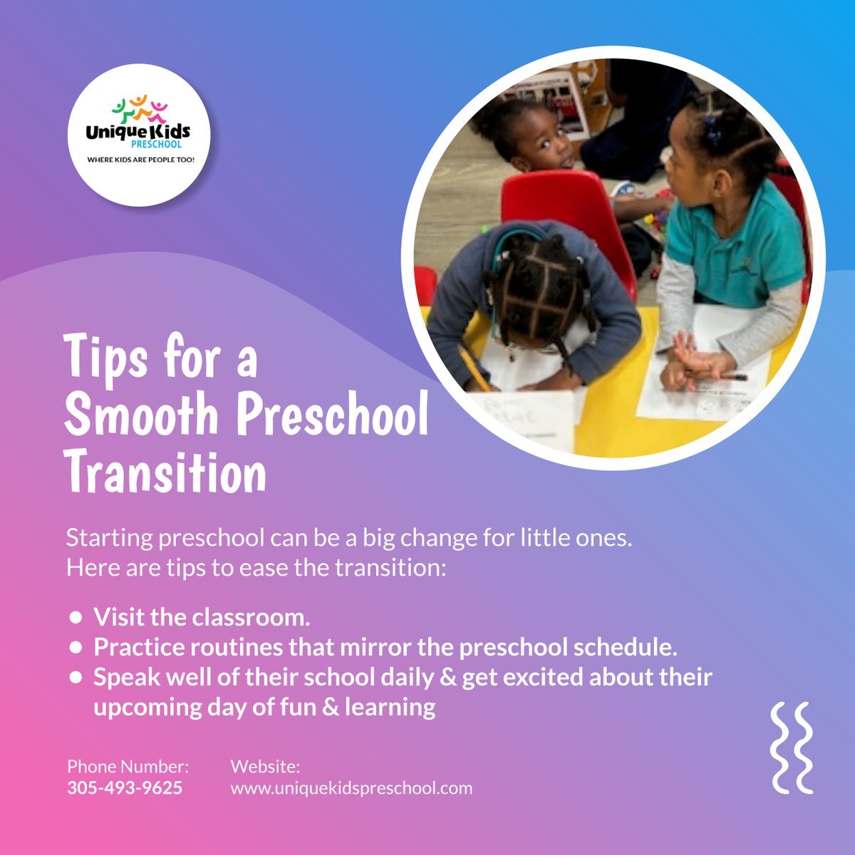 Making preschool a positive experience! These tips can help your child feel comfortable and confident on their first day. 

#instafollow #Earlychildhoodeducation #Miami #Education #Children #Preschool #MiamiGardensFL #PreschoolTransition