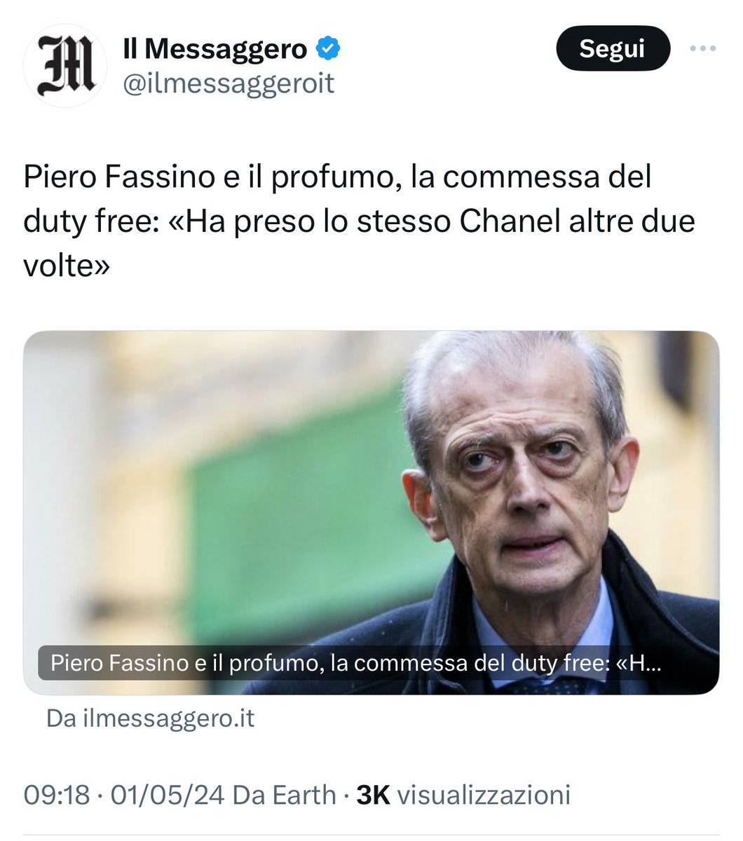 Una commessa del duty free di Fiumicino: “Era dicembre 2023, prima di Natale, non ricordo bene il giorno. Ho visto #Fassino entrare nel nostro negozio e l'ho riconosciuto. Poco dopo, con mia sorpresa, ho visto che nascondeva uno Chanel Chance dentro al suo trolley”. 

Il deputato