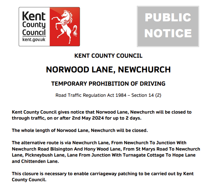 Newchurch, Norwood Lane. Road closed from 2nd May for 2 days for carriageway patching works: moorl.uk/?py5kez #Kentpotholes