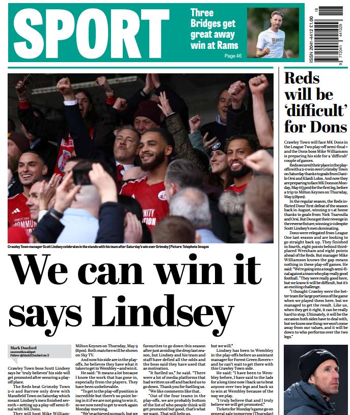 We have @crawleytown on the front and back page plus five more pages of coverage in today's @Crawley_Obby - get your copy now!