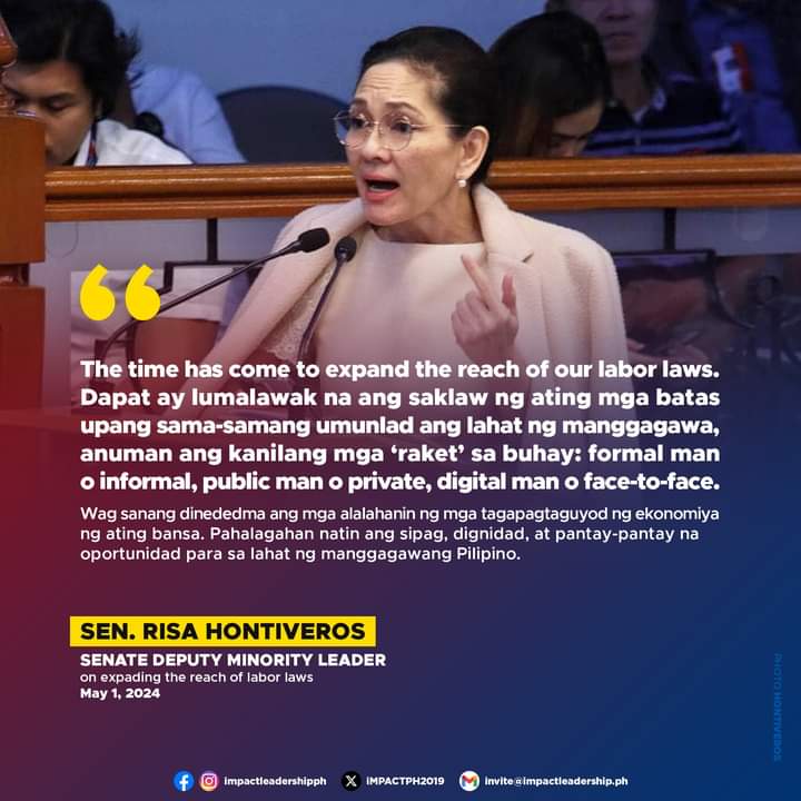 'THE TIME HAS COME TO EXPAND THE REACH OF OUR LABOR LAWS'

Sen. Risa Hontiveros highlights the necessity of expanding labor laws to address the evolving landscape of employment, encompassing both formal and informal sectors, as well as digital and face-to-face work arrangements.