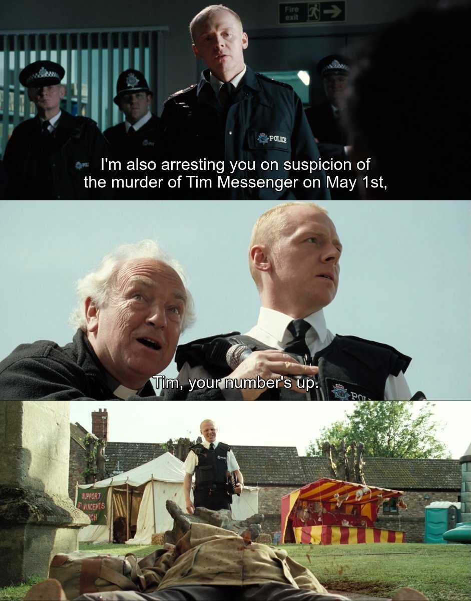 May 1st 2006 - A local journalist, Tim Messenger, is murdered by falling masonry. 

📽️📅 Hot Fuzz (2007) Dir. @edgarwright
