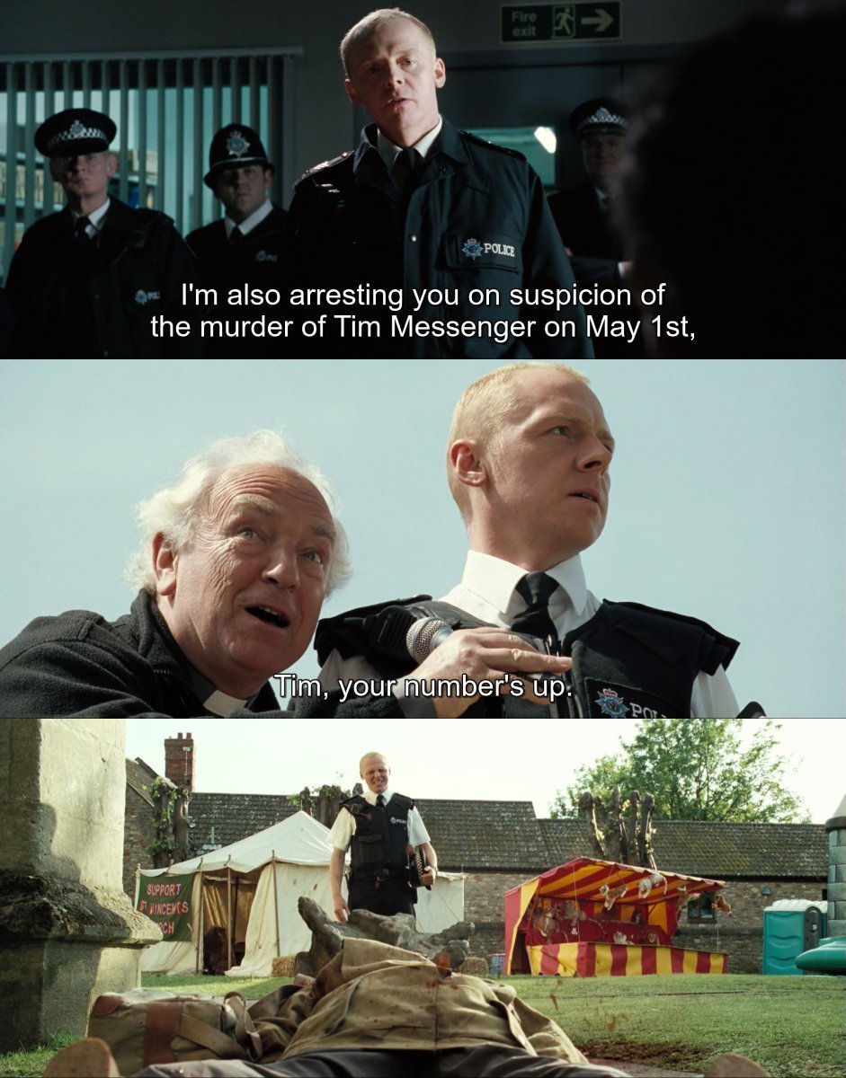 CineCalendar's tweet image. May 1st 2006 - A local journalist, Tim Messenger, is murdered by falling masonry. 

📽️📅 Hot Fuzz (2007) Dir. @edgarwright