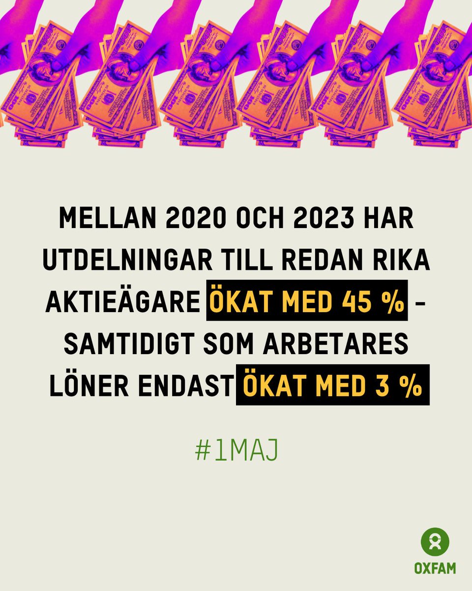 ➡️Mellan 2020 och 2023 har utdelningar till aktieägare ökat med 45% - samtidigt som lönerna endast ökat med 3%
➡️Den rikaste 1% fick under 2023 i snitt 9000 dollar var i utdelning - samtidigt som nästan 1 av 5 löntagare har en lön under fattigdomsgränsen på 3,65 dollar/dag

#1maj