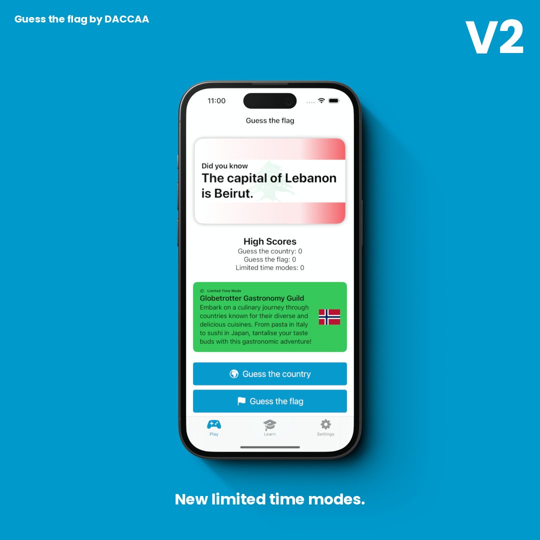 DACCAAltd's tweet photo. 🚨 Sneak peek alert 🚨

Hey X, get ready for our new Guess the flag by DACCAA iOS app update! We can't wait to show you what we've been working on. Stay tuned for more details 😉

#iOSapp #GuessTheFlag #DACCAA https://t.co/Zdbt5QppA8