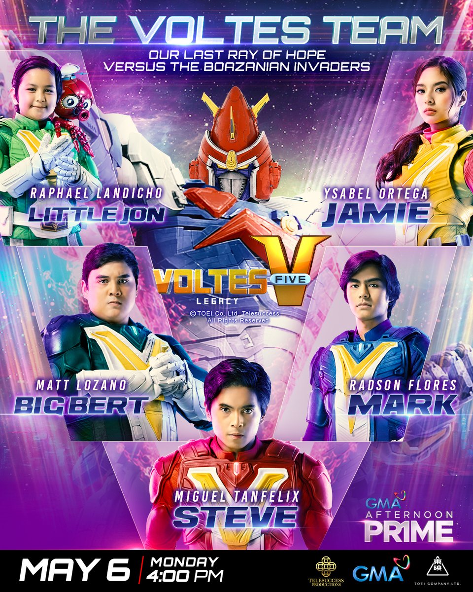 Our last ray of hope versus the Boazanian invaders is back!

Let's volt in again with Team Voltes V dahil mapapanood na ulit ang #VoltesVLegacy simula ngayong May 6, 4:00 PM, on GMA Afternoon Prime!

Let's volt in again para sa super robot action sa hapon! 👊⚡