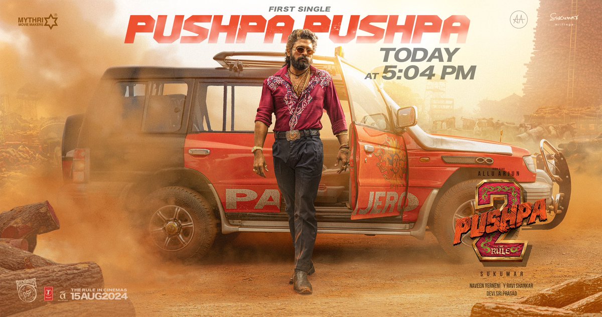 #Pushpa2FirstSingle firing today at 5.04 PM ❤️‍🔥 A Rockstar @ThisIsDSP Musical 🎵 #Pushpa2TheRule Grand release worldwide on 15th AUG 2024. Icon Star @alluarjun @iamRashmika @aryasukku #FahadhFaasil @SukumarWritings @MythriOfficial @TSeries