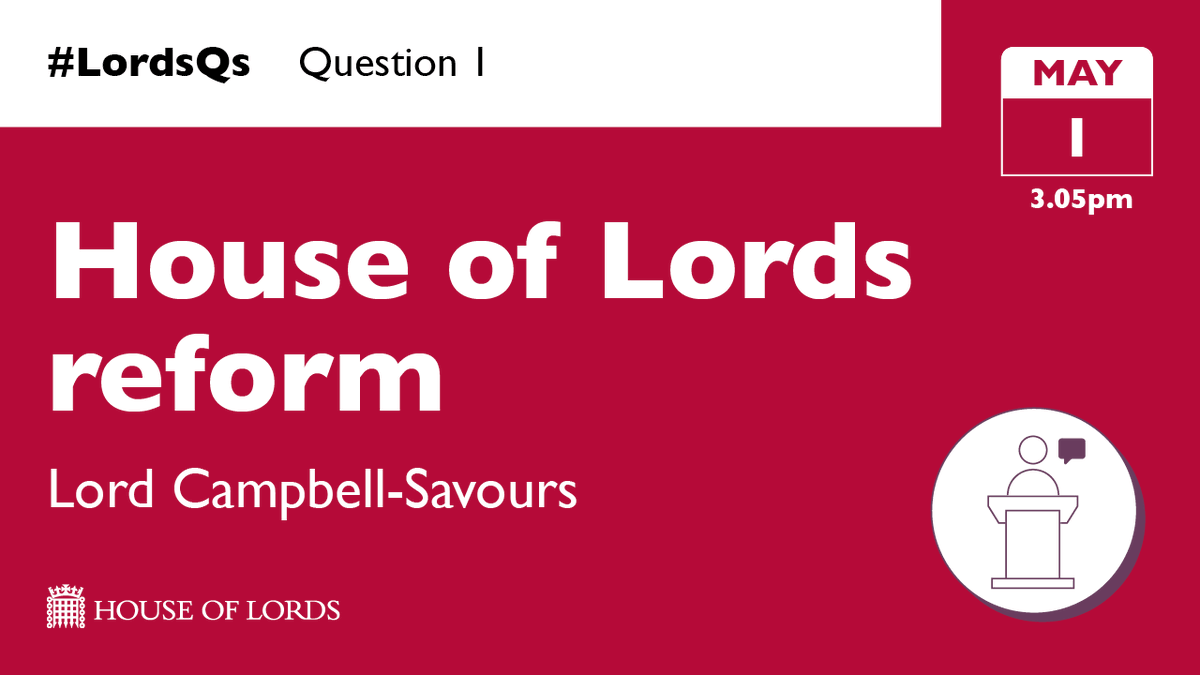 ❓ In #LordsQs from 3.05pm:

Lord Campbell-Savours quizzes government on reform of the #HouseOfLords.

📺 Watch online at the link in our bio

1/4 🔽