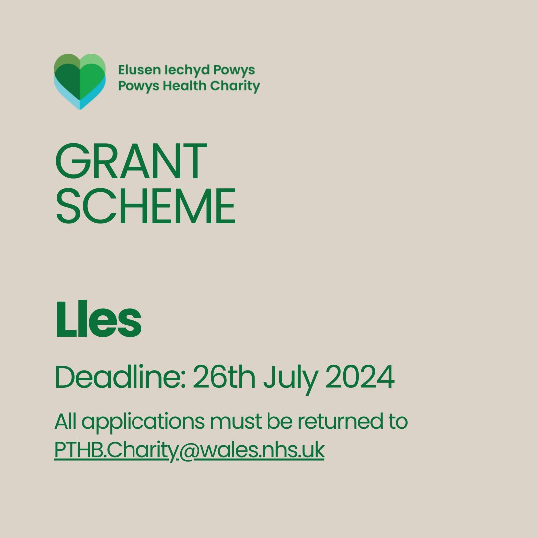 Don't forget that from today we are accepting applications to our new grant scheme 'Lles'. 

For more information PTHB staff can head to our sharepoint page: nhswales365.sharepoint.com/sites/POW_comm… 

For any enquiries email: PTHB.Charity@wales.nhs.uk
