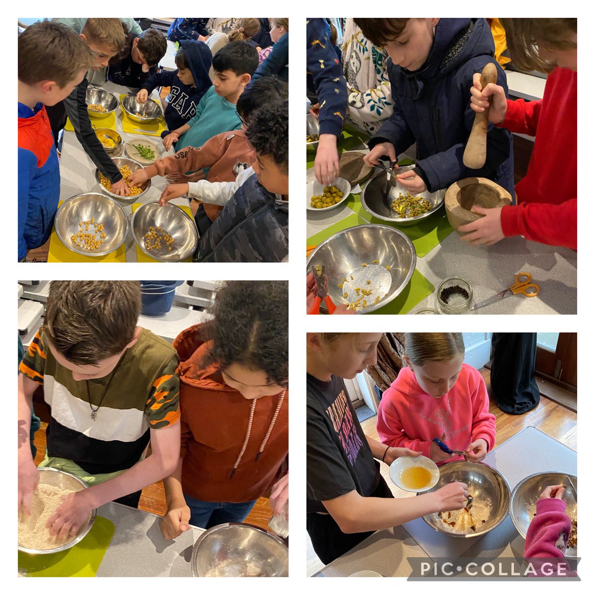 Greek cooking in progress for Y5 @hooke_court . A hive of activity as they make different breads, hummus, tapenade, salad and Greek sweets!