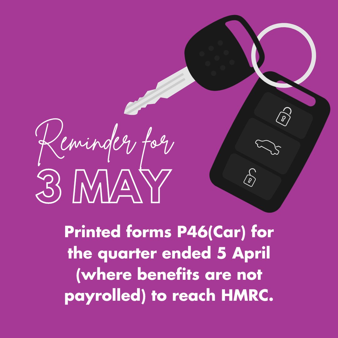 Reminder!
 
The deadline for HMRC to receive printed P46(Car) forms from the quarter ended 5 April 2024, where benefits are not payrolled, is 3 May.
 
Get in touch for advice!
 
#HMRC #CompanyCar #BIK