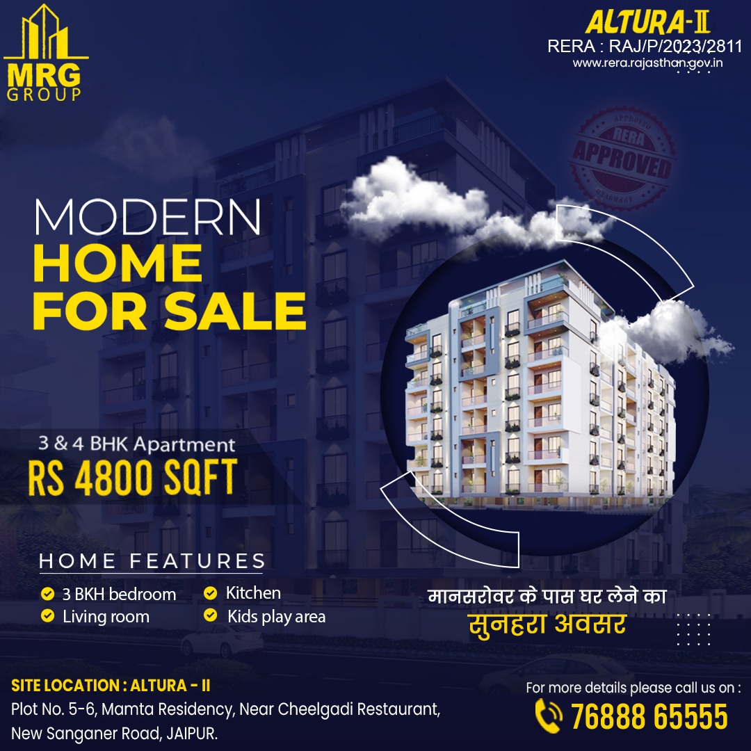 MODERN HOME FOR SALE!

#MRG #MRGgroup #alturas #apartments #apartmentsavailable #construction #3BHKSALE #3bhkflats #4BHK #4bhkflats #flatsforsale #FlatsForSaleInJaipur #flatsforsaleinrajkot #flats #flatsconstrctions #dreamhome #dreamhomeconstruction #HomeForSale #homesales