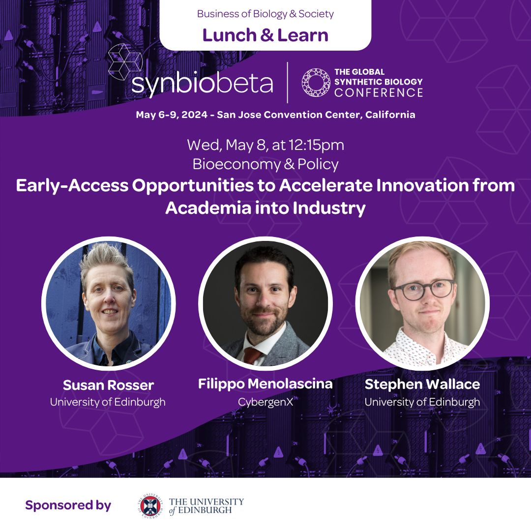 Next week, @KerrLorraine and the team are attending @SynBioBeta to showcase transformative projects from @EdinburghUni lead by Profs Susan Rosser, Filippo Menolascina, & @Dr_StephenW. Attending? Be sure to connect with the team to begin you innovation journey 🚀 #SynBioBeta2024