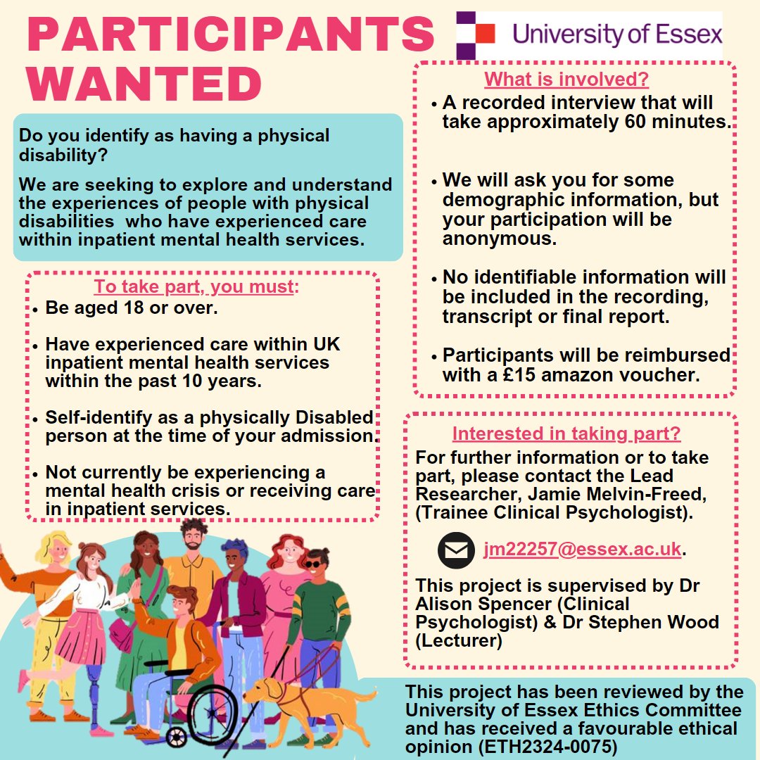 Are you a physically Disabled person who has used UK inpatient mental health services? Recruitment is now open for research interested in listening to your experiences! If you're interested in taking part in an interview or want to find out more, please email jm22257@essex.ac.uk