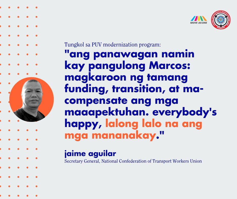 PONDO PARA SA JUST TRANSITION ang panawagan ni Ka-Jaime, Secretary General ng National Confederation of Transport Workers Union (NCTU) at miyembro ng @MoveAsOnePH. Ngayong araw, nagbibigay pugay tayo sa lahat ng mga transport worker at manggagawa sa iba't ibang sektor ng lipunan.