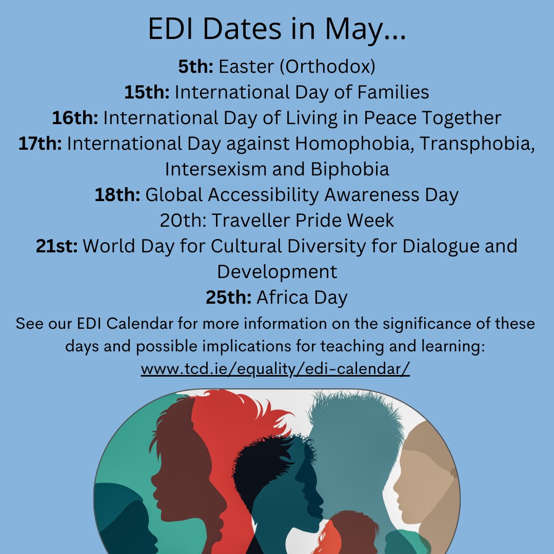 Happy May Day, summertime is just around the corner! Have a look at some of the things we done in April, some plans we have for May and what EDI dates are coming up this month too! Visit our EDI Calendar for more info on what dates are on the horizon: tcd.ie/equality/news/…