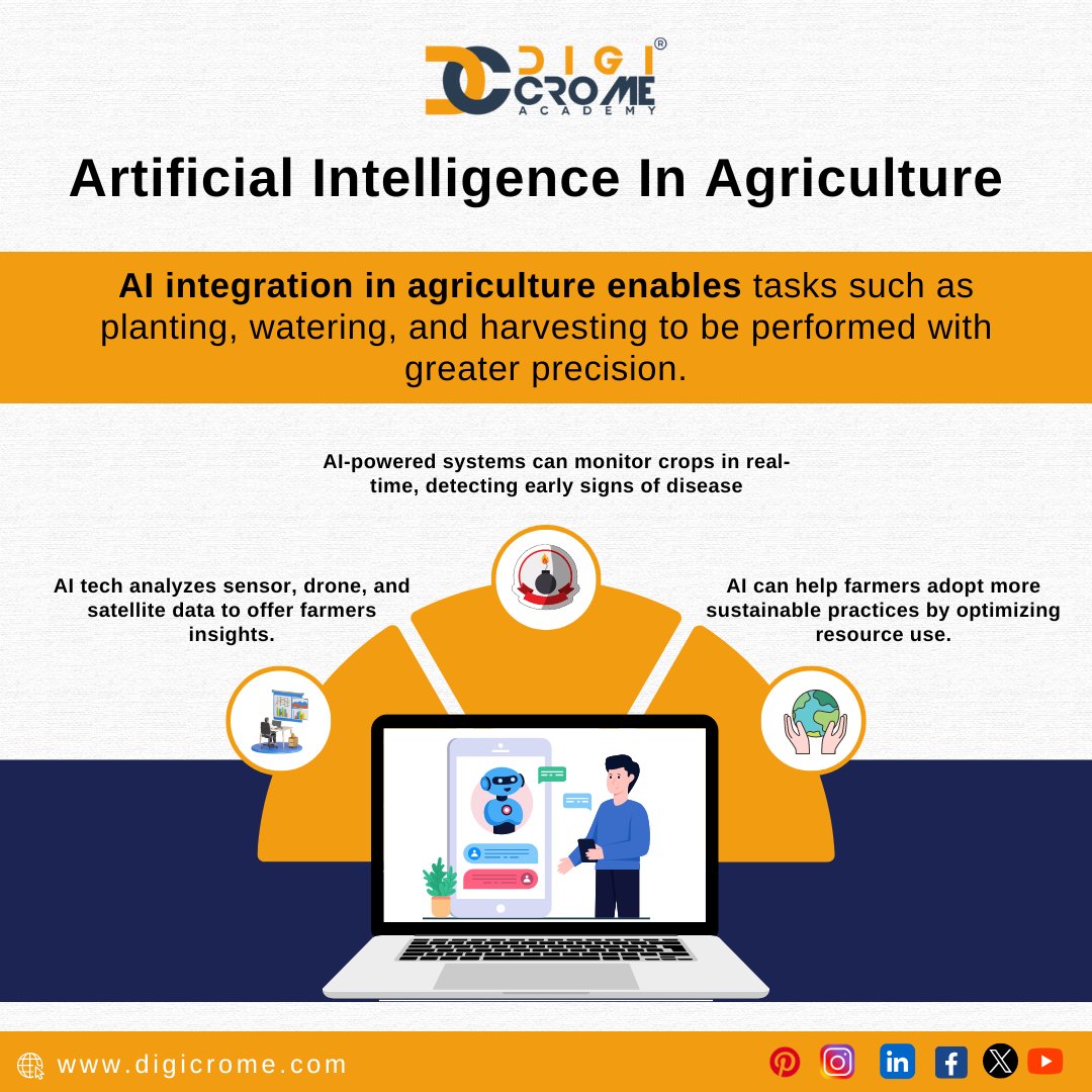 AI can provide farmers with  valuable insights to help them embrace more sustainable practices and make the most of their resources.

#AI  #ArtificialIntelligence  #agriculture  #data  #DataScience  #BusinessGrowth  #digicrome