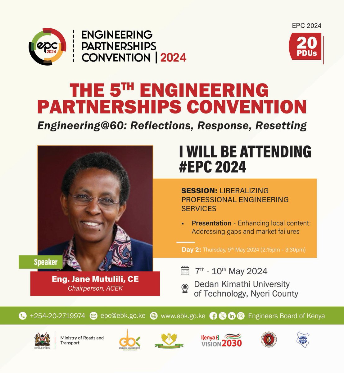 #EPC2024: Engage with Eng. Jane Mutulili as she delves into 'Enhancing local content: addressing gaps and market failures' during the session on Liberalizing Professional Engineering Services. Be part of this insightful dialogue at #EPC2024 Register: ebk.ecitizen.go.ke…