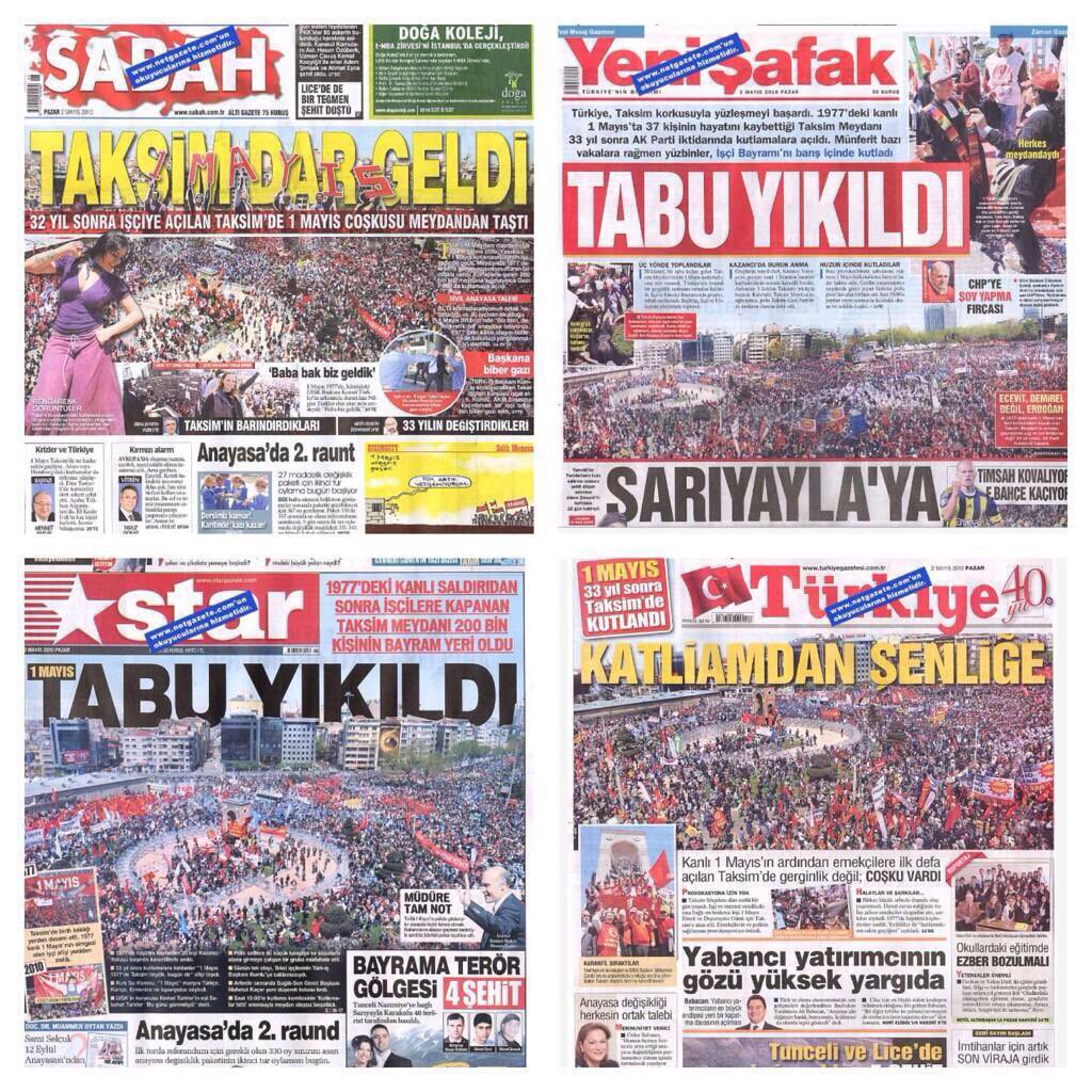 Dün “Türkiye Taksim korkusuyla yüzleşmeyi başardı, tabular yıkıldı” diye manşet atanlar, bugün Taksim’i emekçilere yasaklamayı maharet gibi sunuyor. Neyi eleştirdilerse onu yaptılar, yapıyorlar. Taksim korkusu onların da içine sinmiş! #1MAYIS