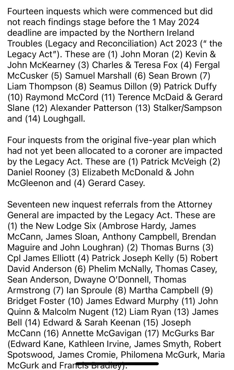 Below are the names of inquests that won’t go ahead as of today. Details provided to @freyamcc @IrishTimes by Lady Chief Justice’s Office. Doesn’t include case of Billy McGreanery as this inquest was just granted yesterday