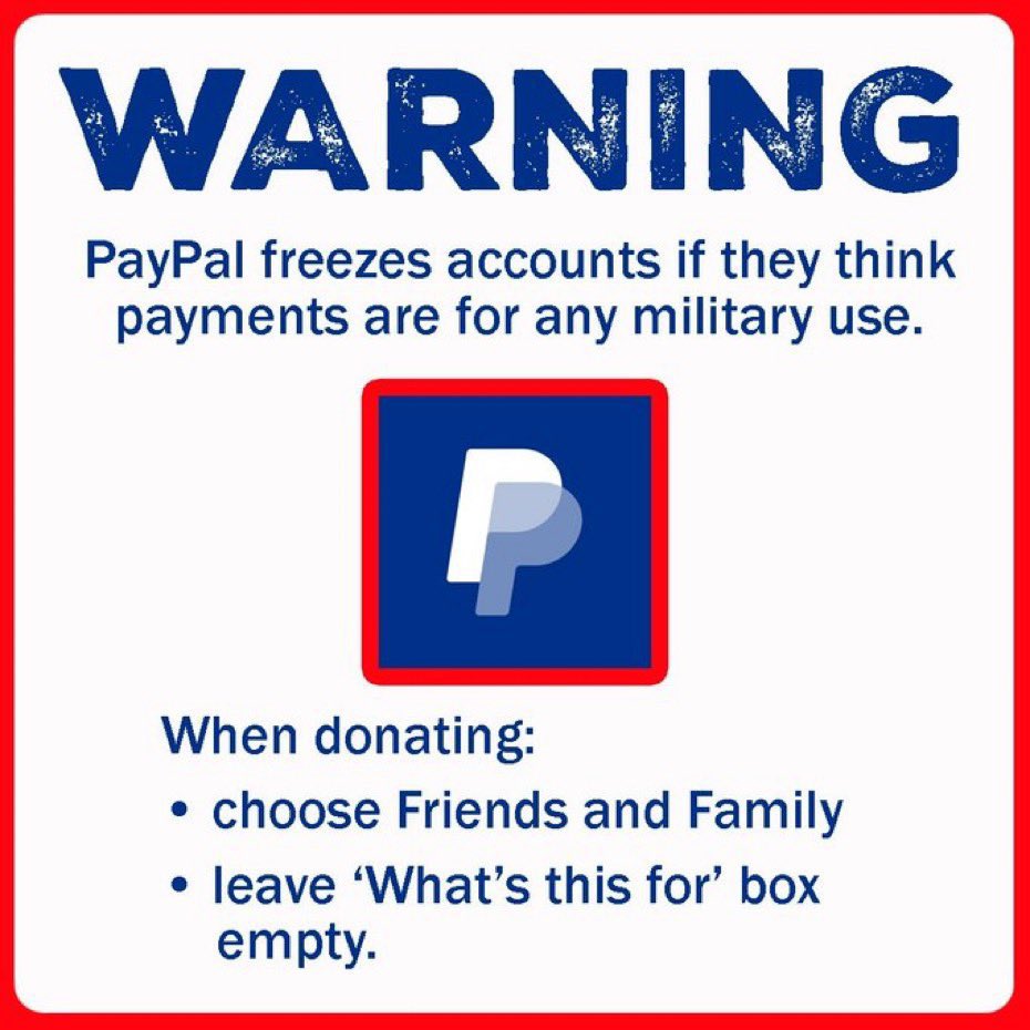 🚨 CRITICAL REMINDER for PAYPAL and BMAC donations ‼️🚨
🔥 #Fellas & supporters, please DO NOT put military references/ comments when making contributions for ANY FUNDRAISERS for Ukraine‼️ 
🚨Fundraisers/volunteers are having their accounts put on hold or suspended due to this.