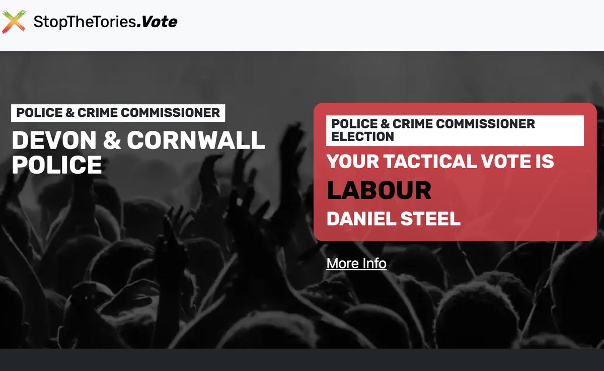 Reminder that the tactical call for defeating the Conservatives in tomorrow's Police & Crime Commissioner election in Devon & Cornwall is Labour.
An important dress rehearsal to ensure tactical voting is optimised for the GE (for seats without a Primary)
stopthetories.vote/pcc/devon-and-…