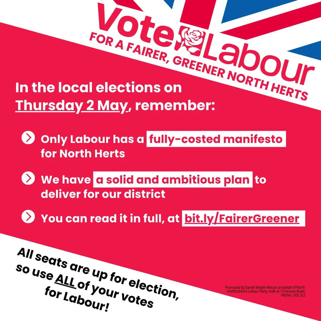 In 24 hrs North Herts will have the chance to choose a fairer, greener future. Your Labour candidates have spoken to over 16000 residents all across the district during the year to see how best they could support our community. Tomorrow, Please use all your votes for #Labour