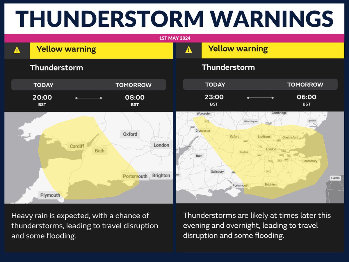 Thunderstorms warnings have been issued for tonight into tomorrow morning across southern areas. ▪️Heavy rain ▪️Thunder and frequent lightning ▪️Hail ▪️Gusty winds Travel disruption and localised flooding are possible.