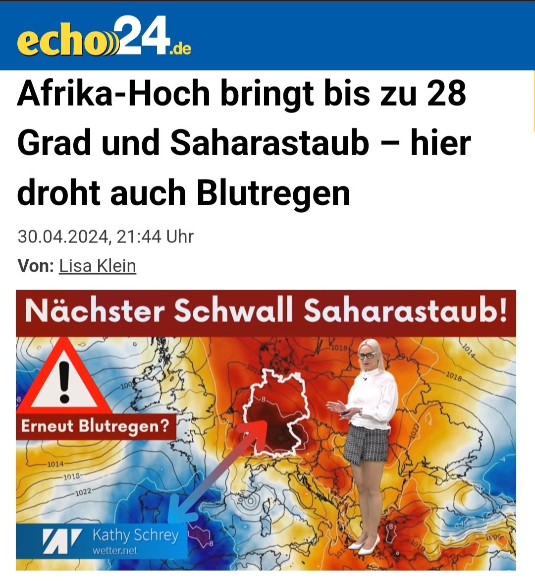 Die Zeugen Klimas prophezeien wieder Blutregen und unaushaltbare 28 Grad, die Wetterkarte über Deutschland ist Blutrot, es könnte sich wieder das Tor zur Hölle öffnen. Passt bitte alle gut auf euch auf.