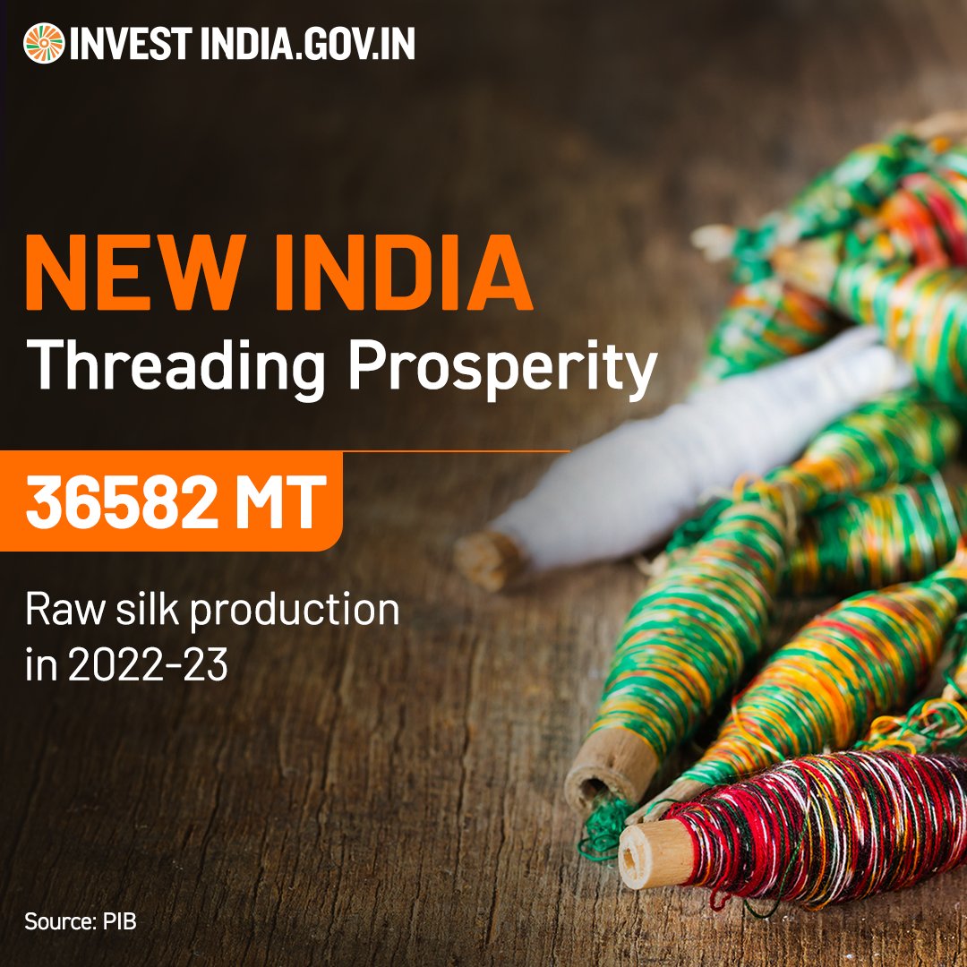 #NewIndia is the 2nd largest producer of silk, with raw silk yield per hectare of ~109 Kg during 2022-23, catalysing the country's textile sector. Learn more at bit.ly/textiles-appar… #InvestInIndia #Textiles @indiainbrazil @ArgentinaMFA @IndiaEmbBogota @EmbaMexInd @eoilima