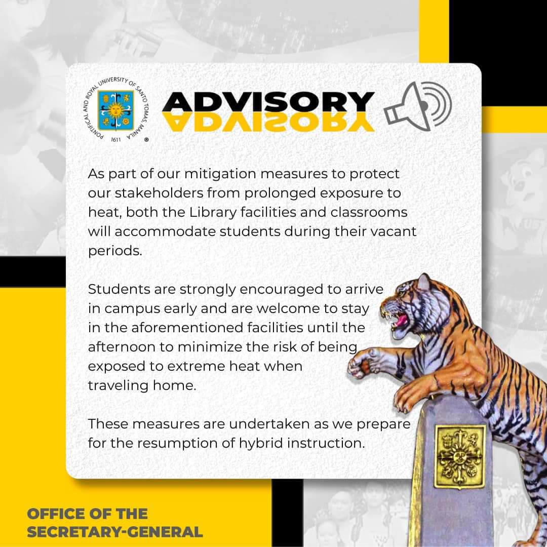 varsitarianust's tweet photo. BREAKING: UST announces the Miguel de Benavides Library and vacant classrooms in buildings will be open to accommodate Thomasians as part of its risk-mitigation efforts amid extreme heat. https://t.co/RJMjxZEqDU
