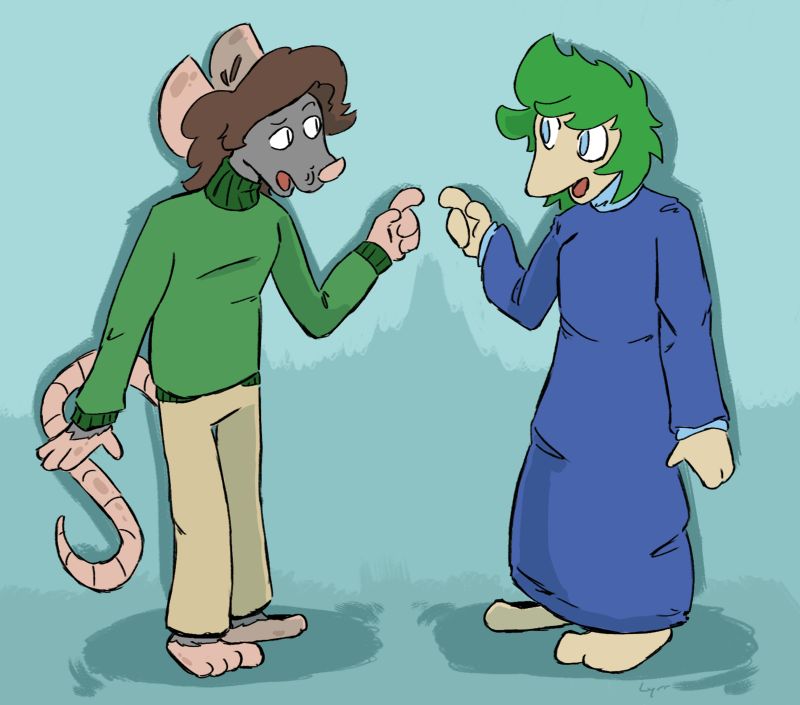Was thinking about an old interaction I had with someone who attempted to insult my art by saying Lyrr looks like a bootleg lemming from the video games. He doesn't, but I do like lemmings! Why not draw Lyrr meeting one?