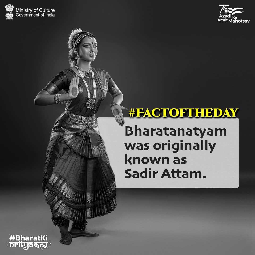 #FactOfTheDay: The word Bharatanatyam was derived by joining the Sanskrit words
'Bharata' a mnemonic containing bhava, raga & tala; & Natayam meaning dance. In the earlier centuries, it is known to have been called Sadir Attam or Dasi Attam.
#BharatKiNrityaKala